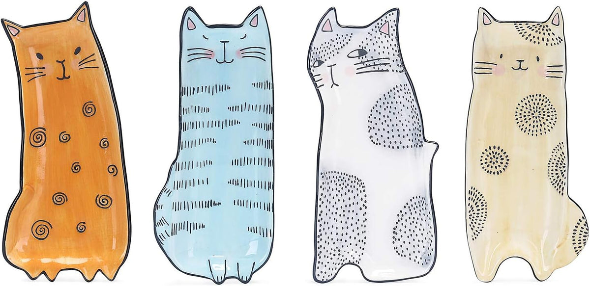 Bico Cartoon Cat Appetizer Plates Set of 4, Cat-Shaped Ceramic Plates