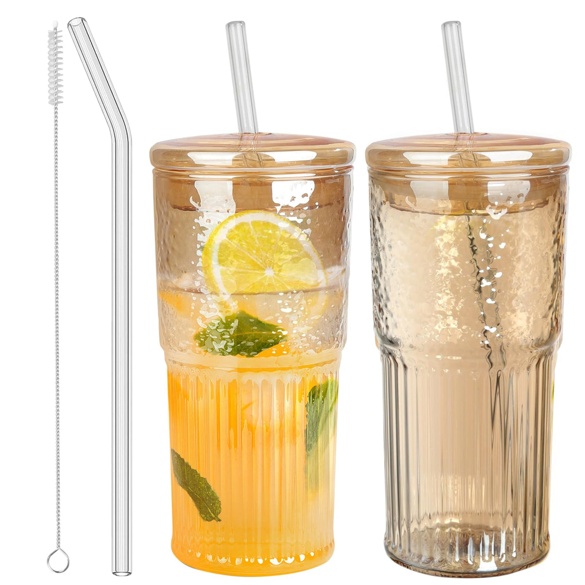 JunVpic Glass Coffee Tumbler, 20 oz Glass Cup with Lid and Straw