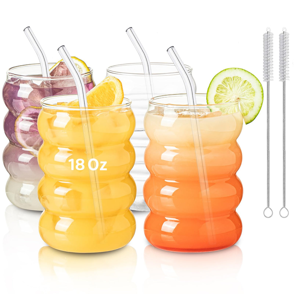 KEMORELA 2PCS Wave Bubble Beverage Glasses With Straws, 18 Oz Vintage Glass Cups, Aesthetic Iced Coffee Glasses, Ripple Glassware, Beer Glasses - Stylish Drinkware for Every Occasion