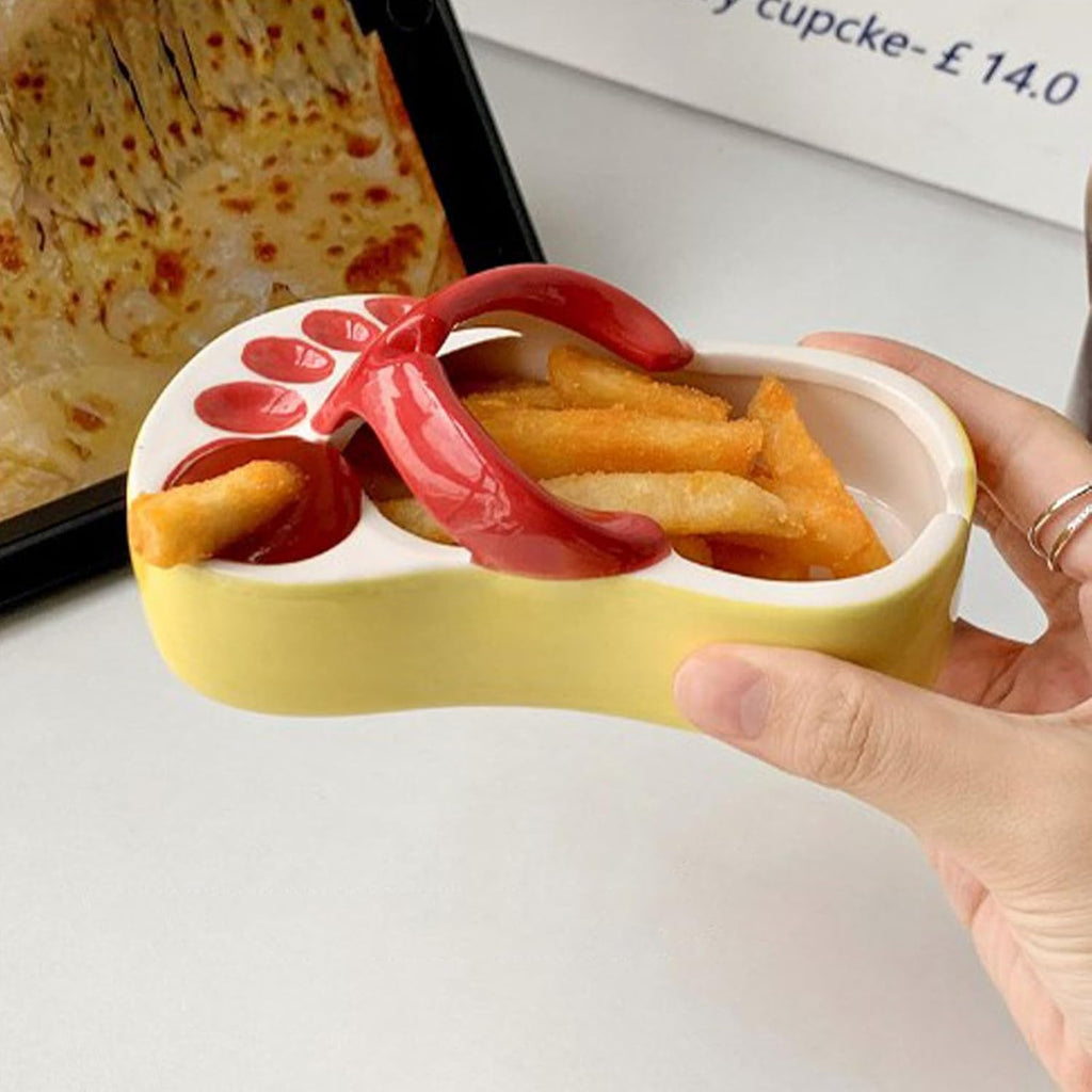 Cute Ceramic French Fries Plate, Unique Slipper Shape Fries Dish Snack Chip Plate Ketchup Sauce Bowl for Home Decoration Coffee Shops