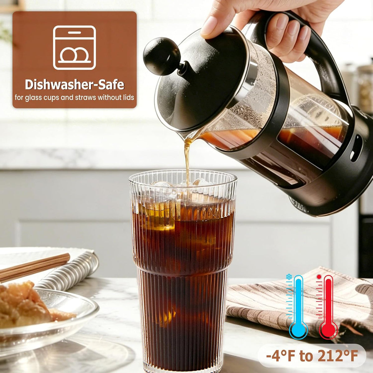 TUZAZO 4 Pack 20oz Ribbed Glass Tumblers with Lids and Straws