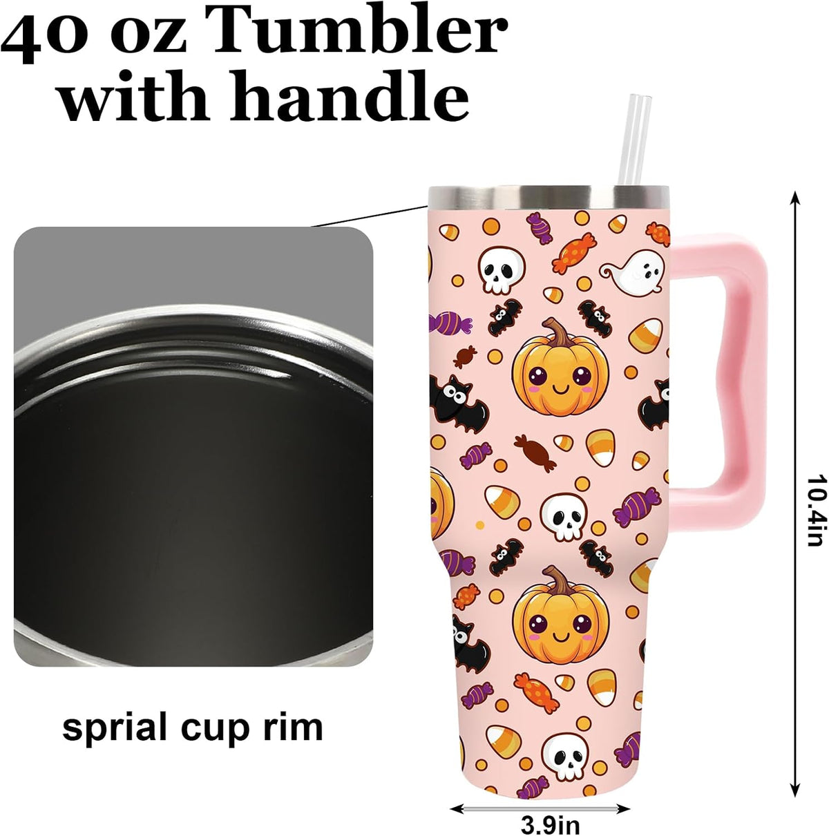 Whaline Halloween Tumbler 40oz Cute Pumpkin Skull Candy Corn Bat Tumbler with Lid Straw Pink Cartoon Stainless Steel Cup with Handle for Home Office Travel