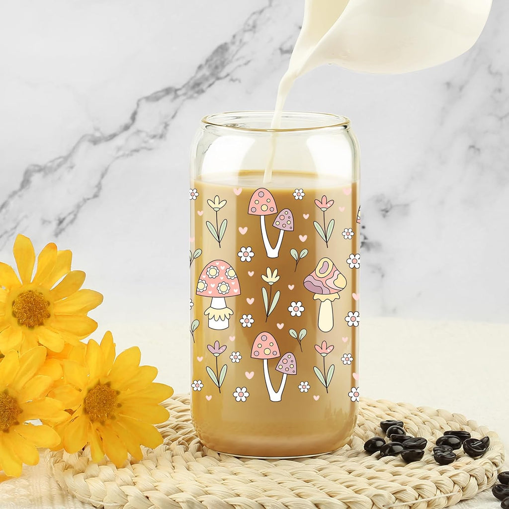 Mushroom Glass Cup with Bamboo Lids Straws, 16oz Retro Hippie Tumbler