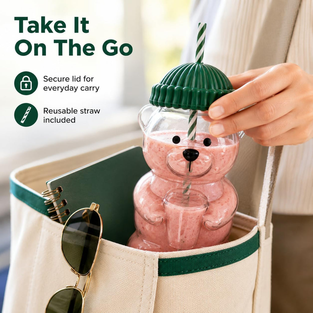 Cute Bear Glass Tumbler with Lid and Straw, 20 oz, Green