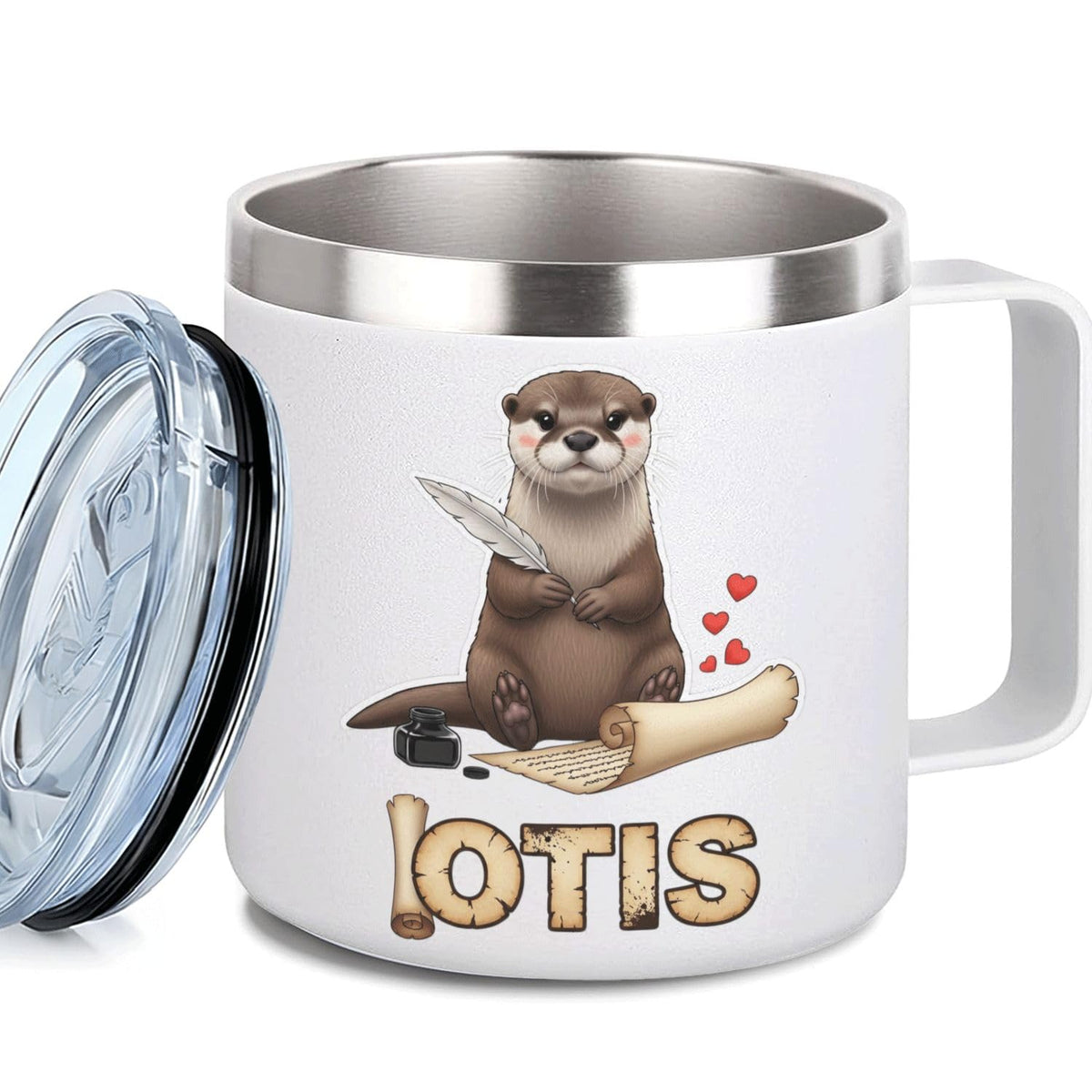 Leo Personalized Kids Mug with Lid, 10 oz Stainless Steel Insulated Camp Cup, Cartoon Lion Tropical Tiki Theme