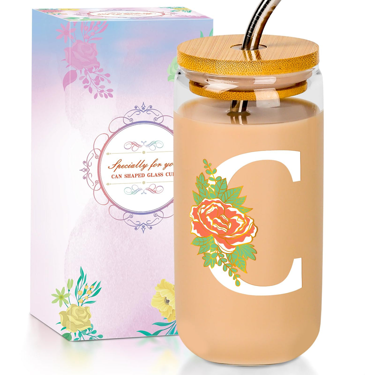 16 Oz Initial Glass Cup with Lid and Straw Personalized Color-Changing