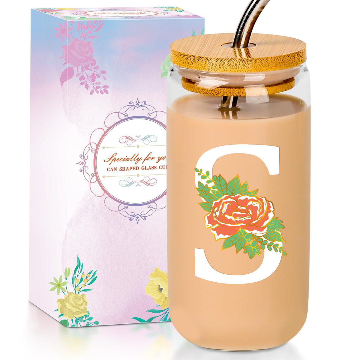 16 Oz Initial Glass Cup with Lid and Straw Personalized Color-Changing