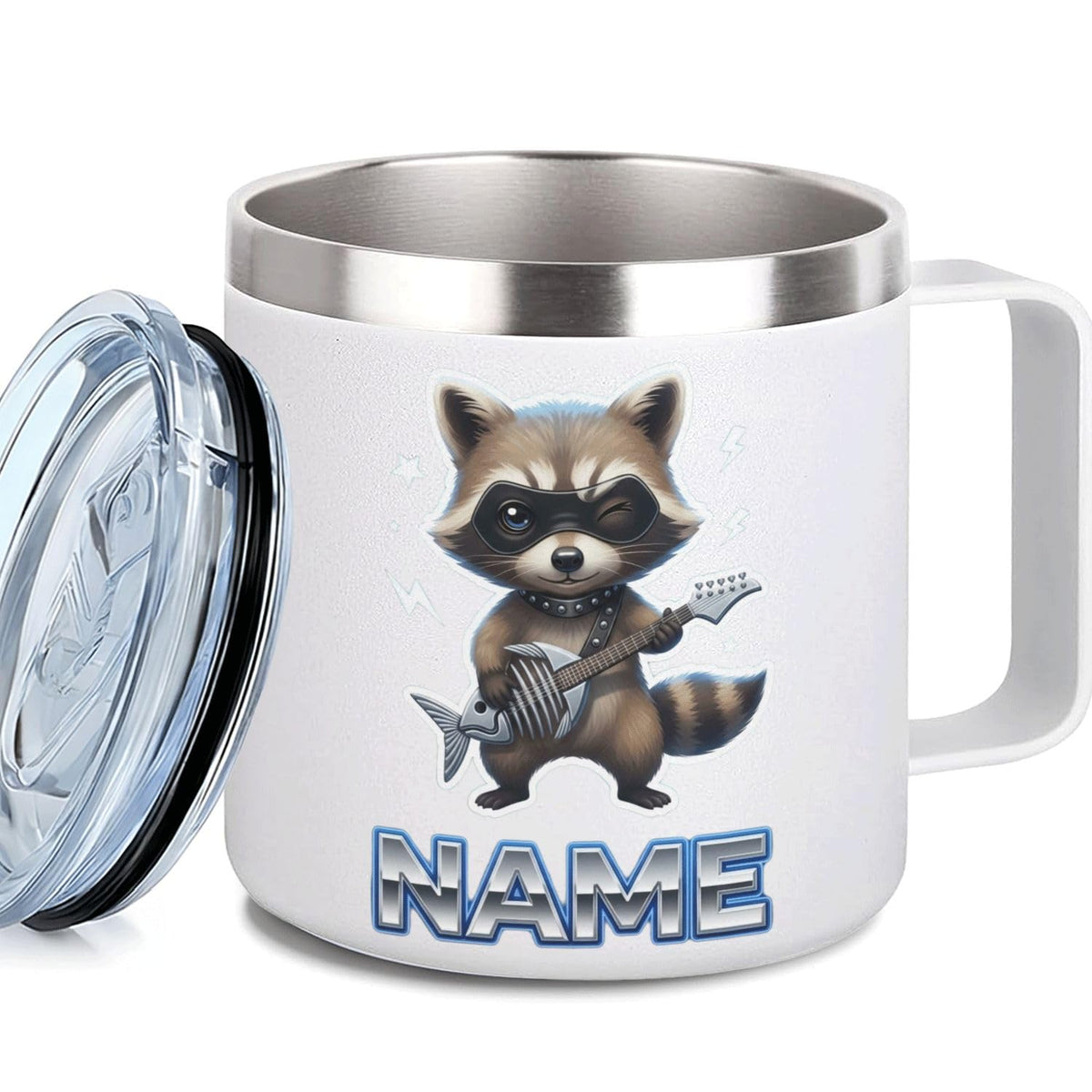 Leo Personalized Kids Mug with Lid, 10 oz Stainless Steel Insulated Camp Cup, Cartoon Lion Tropical Tiki Theme