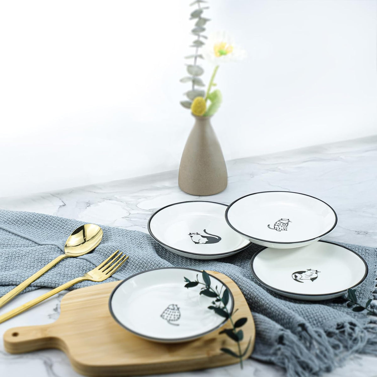 SOCOSY Cute Cartoon Gentleman and Dot Cat Ceramic Seasoning Dishes Sauce Dish Sushi Dipping Bowl Appetizer Plates Tea Bag Holder Serving Dish for Kitchen 5 Inch, Set of 4