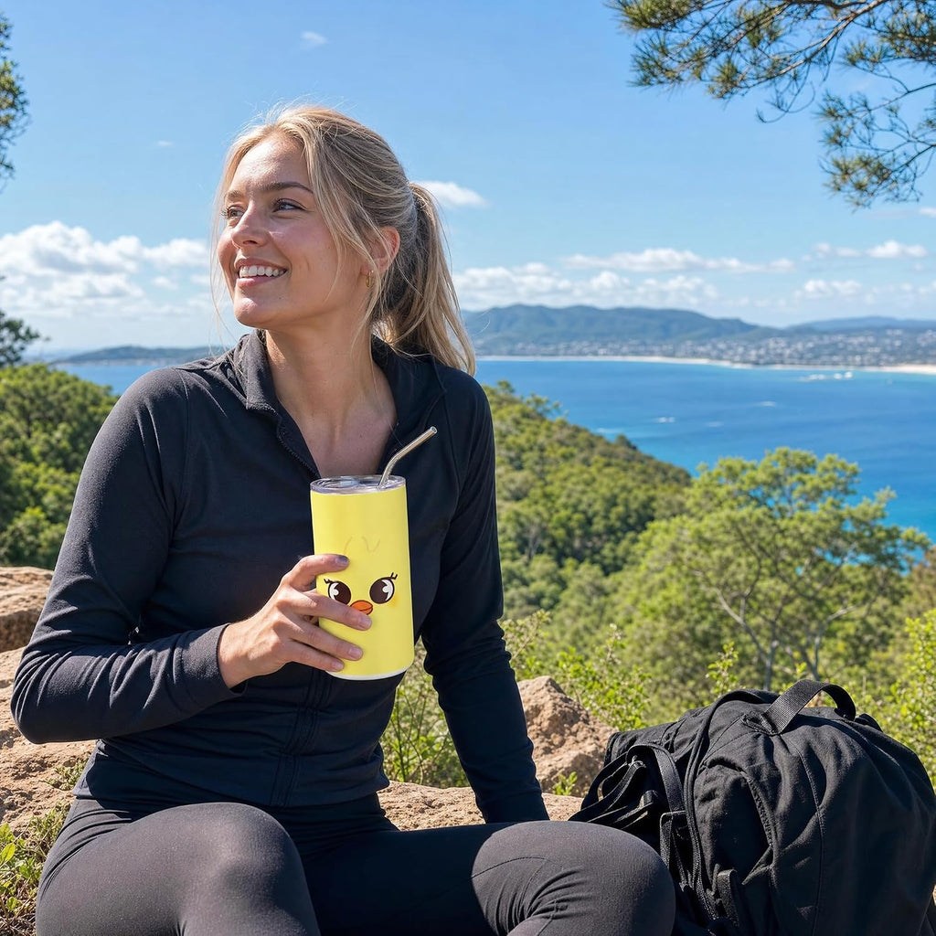 SKZOO Travel Coffee Cups 14 oz Cartoon Design Insulated Tumbler for Hot and Cold Beverages Portable Coffee Mugs Ideal for Travel Home and Office Use (YELLOW)