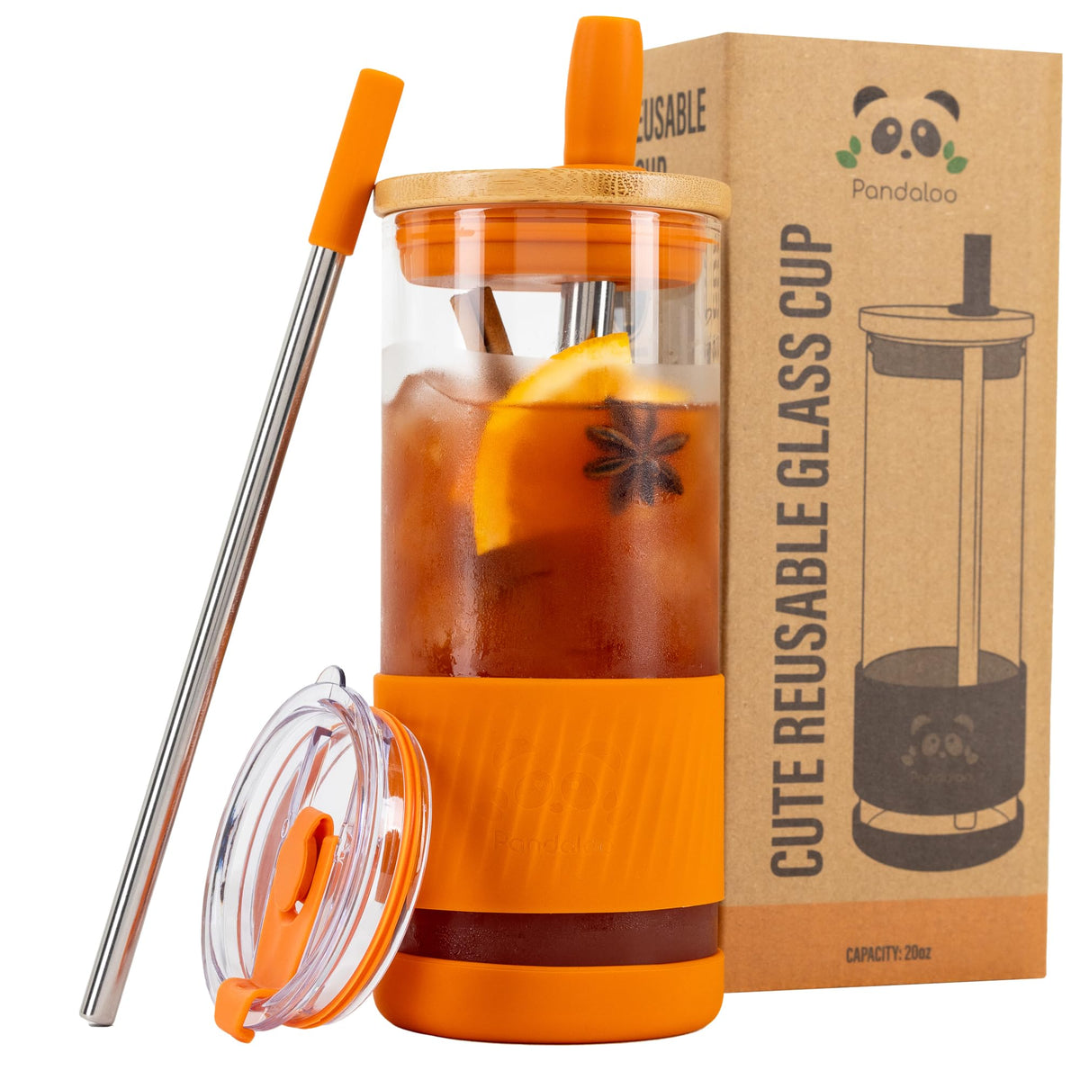 Pandaloo® Glass Cups With Lids and Straws -20 Fl Oz- Perfect Size Iced Coffee Cup - Smoothie Cup With Bamboo Lid and On the go Lid - Glass Tumbler With Straw (1 Count (Pack of 1), Tender Pink)