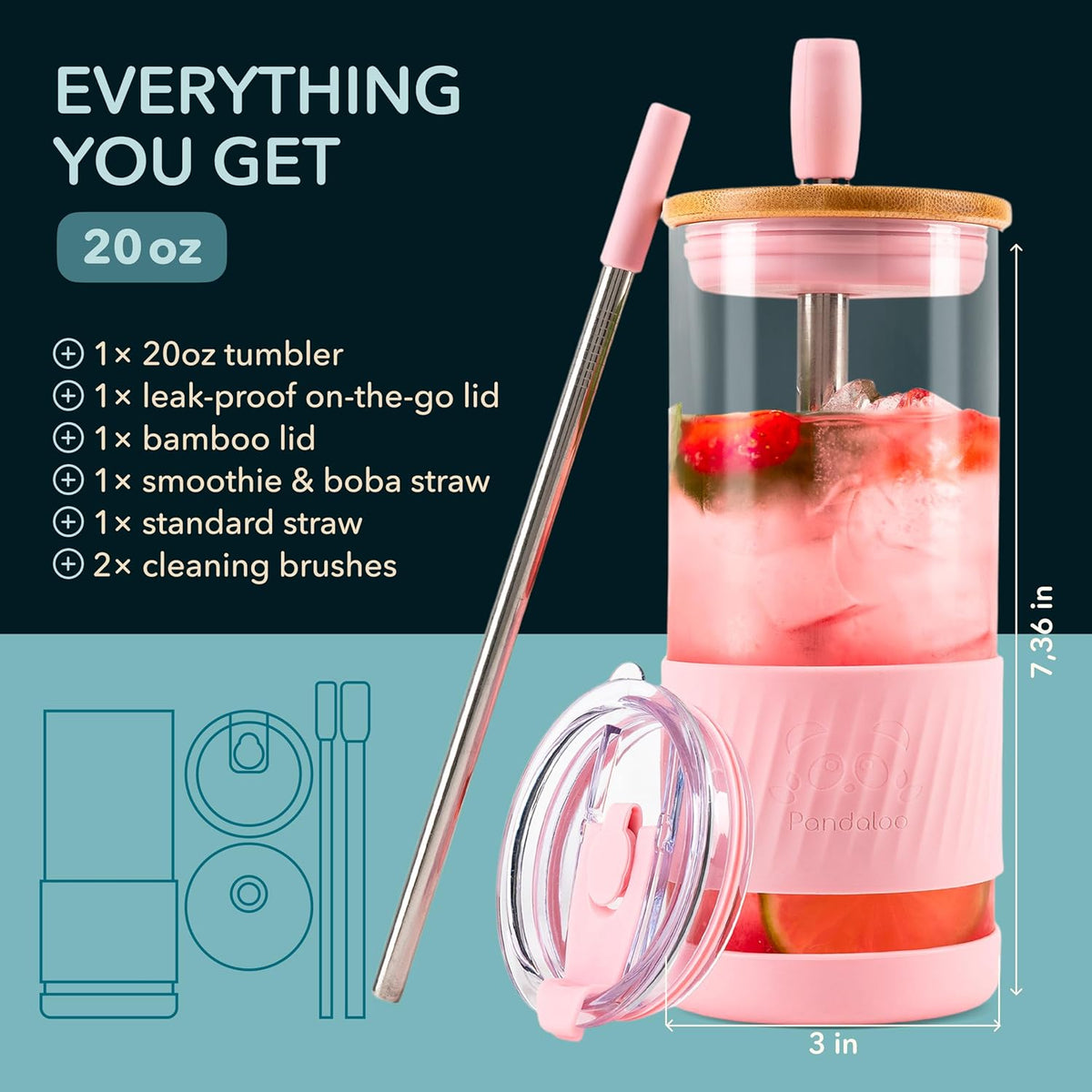 Pandaloo® Glass Cups With Lids and Straws -20 Fl Oz- Perfect Size Iced Coffee Cup - Smoothie Cup With Bamboo Lid and On the go Lid - Glass Tumbler With Straw (1 Count (Pack of 1), Tender Pink)