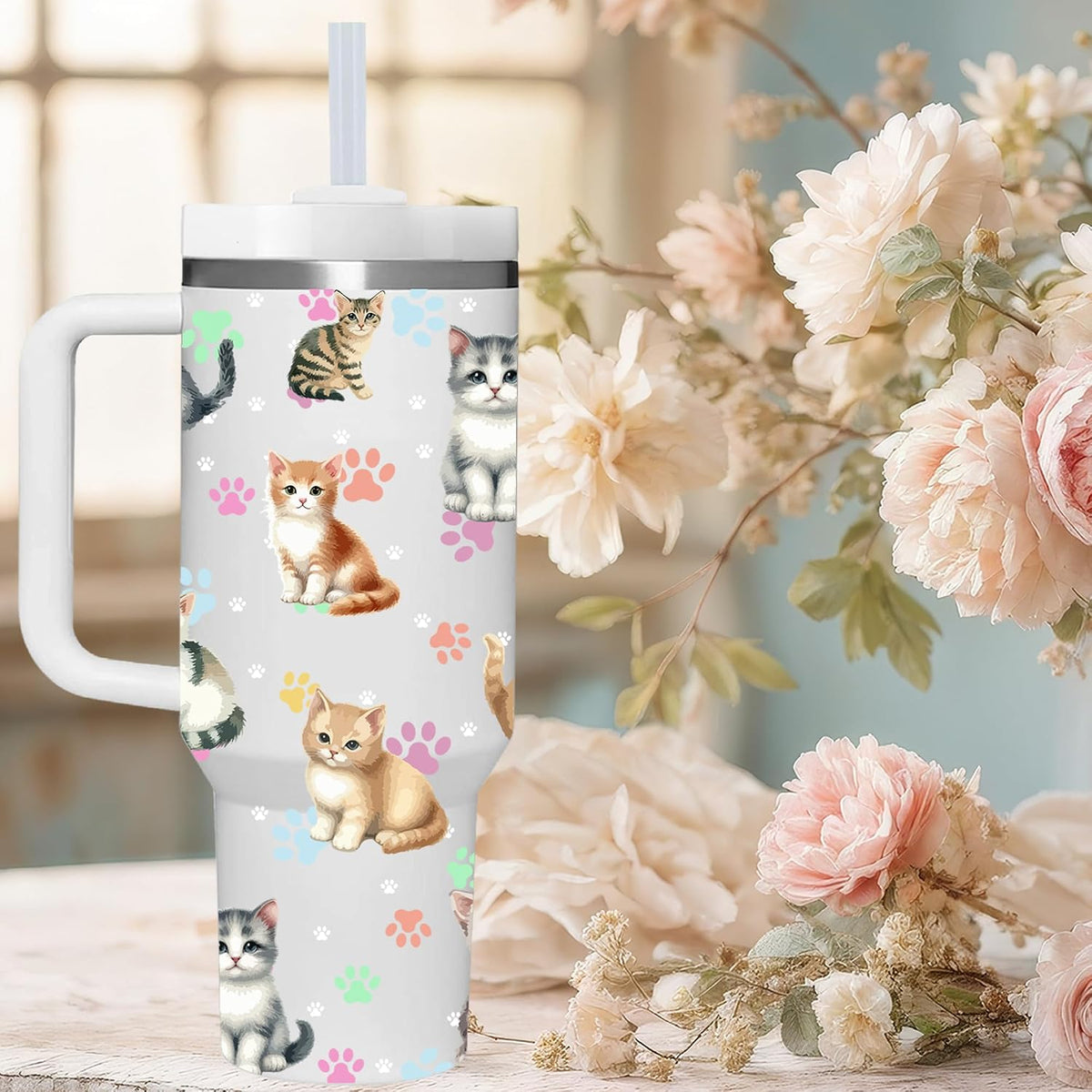 40 OZ Kitty Cat Tumbler with Handle.Kitty Cat Lover Cup Gift.40 OZ Unique Birthday Christmas Kitty Cat Tumblers Gifts for Women Men.