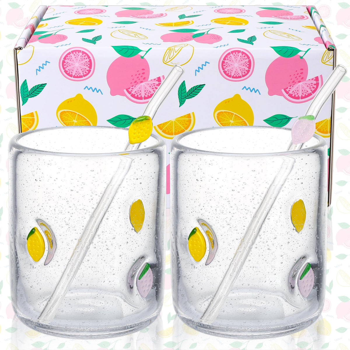 2Pcs 14oz Pink Heart Icon Juice Glass with Straws Gift Box