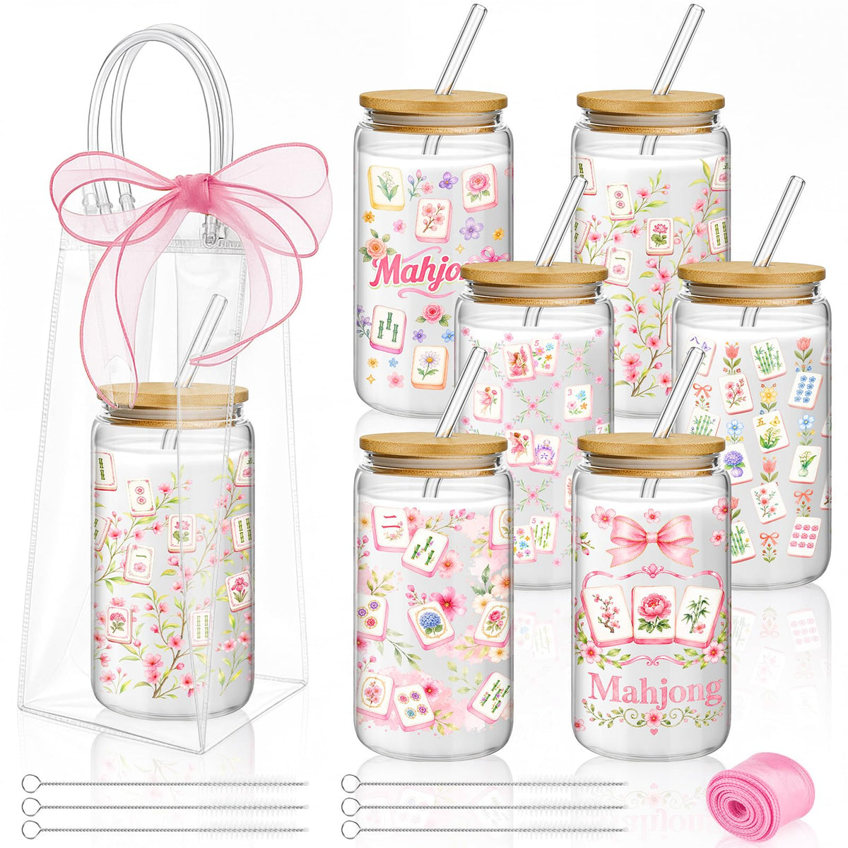 Mumufy 6 Sets Wildflower Cute Glass Cups with Lids and Straws Bulk, 16 Oz