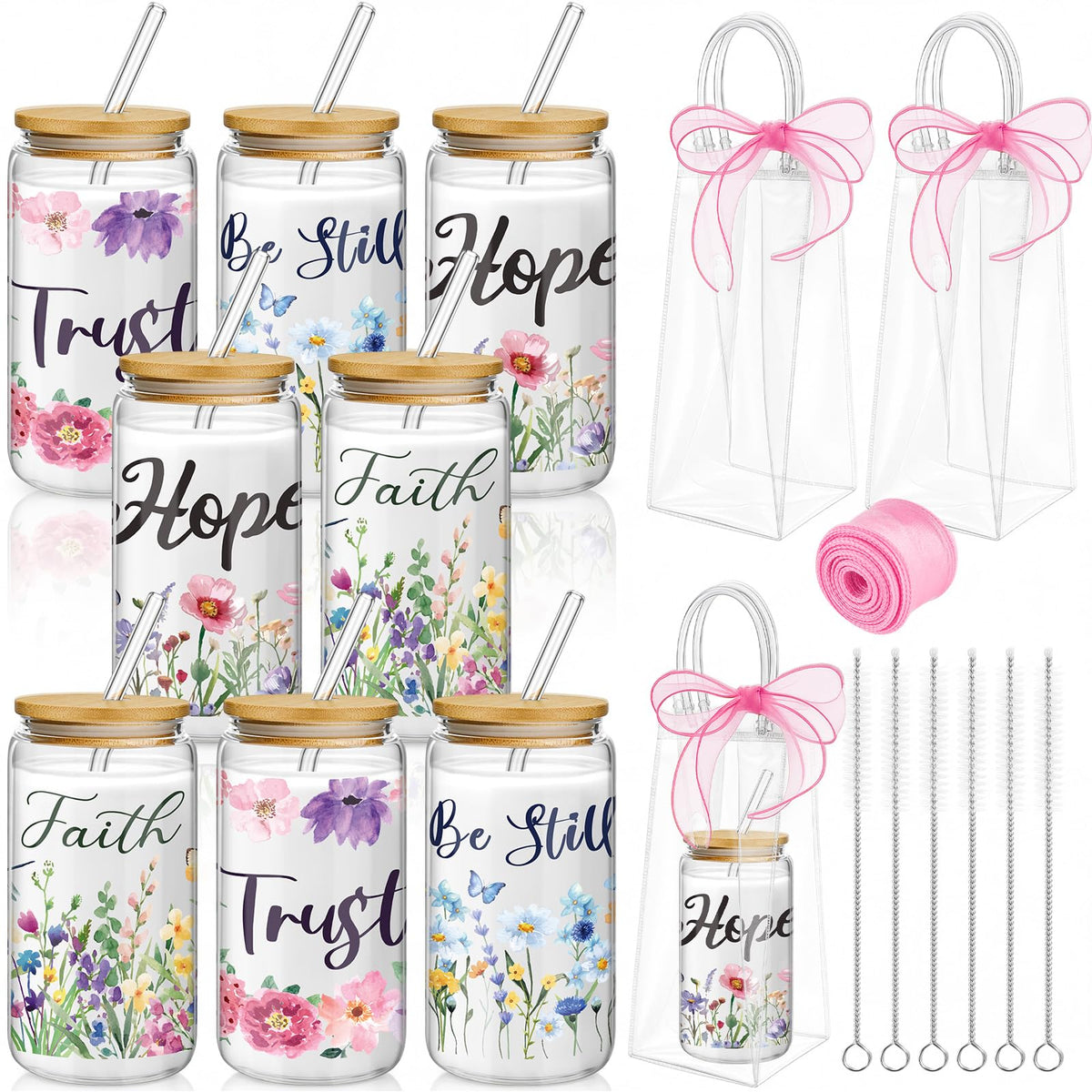 Mumufy 6 Sets Wildflower Cute Glass Cups with Lids and Straws Bulk, 16 Oz