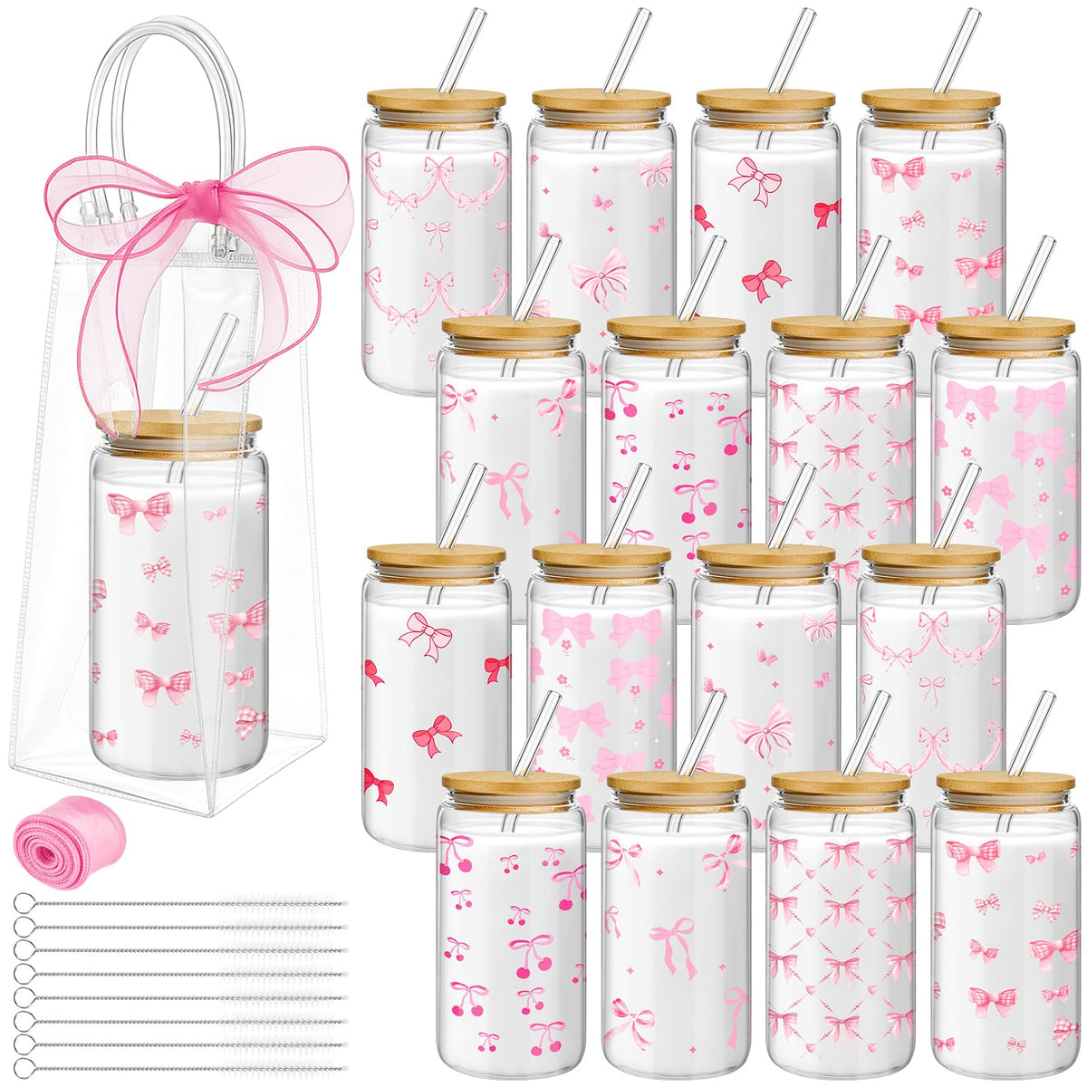 Mumufy 6 Sets Wildflower Cute Glass Cups with Lids and Straws Bulk, 16 Oz