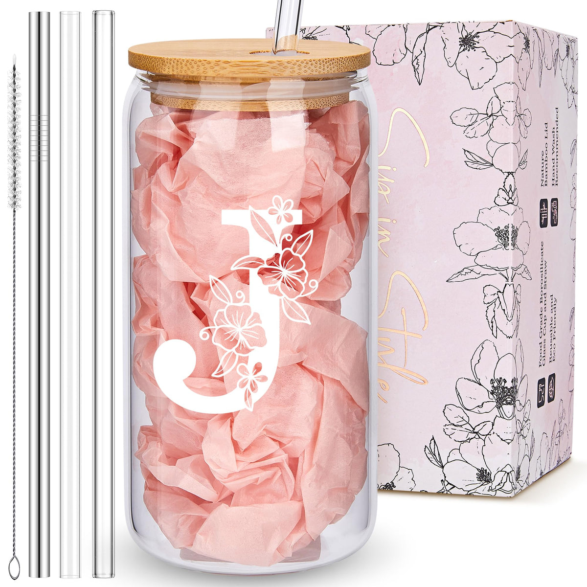 Personalized Tumbler, Monogrammed Can Glass Cups with Bamboo Lids and Straws, Customized Gifts for Women, Cute Design Initial Iced Coffee glasses, Custom Letter Mug, Birthday Bridesmaid, L