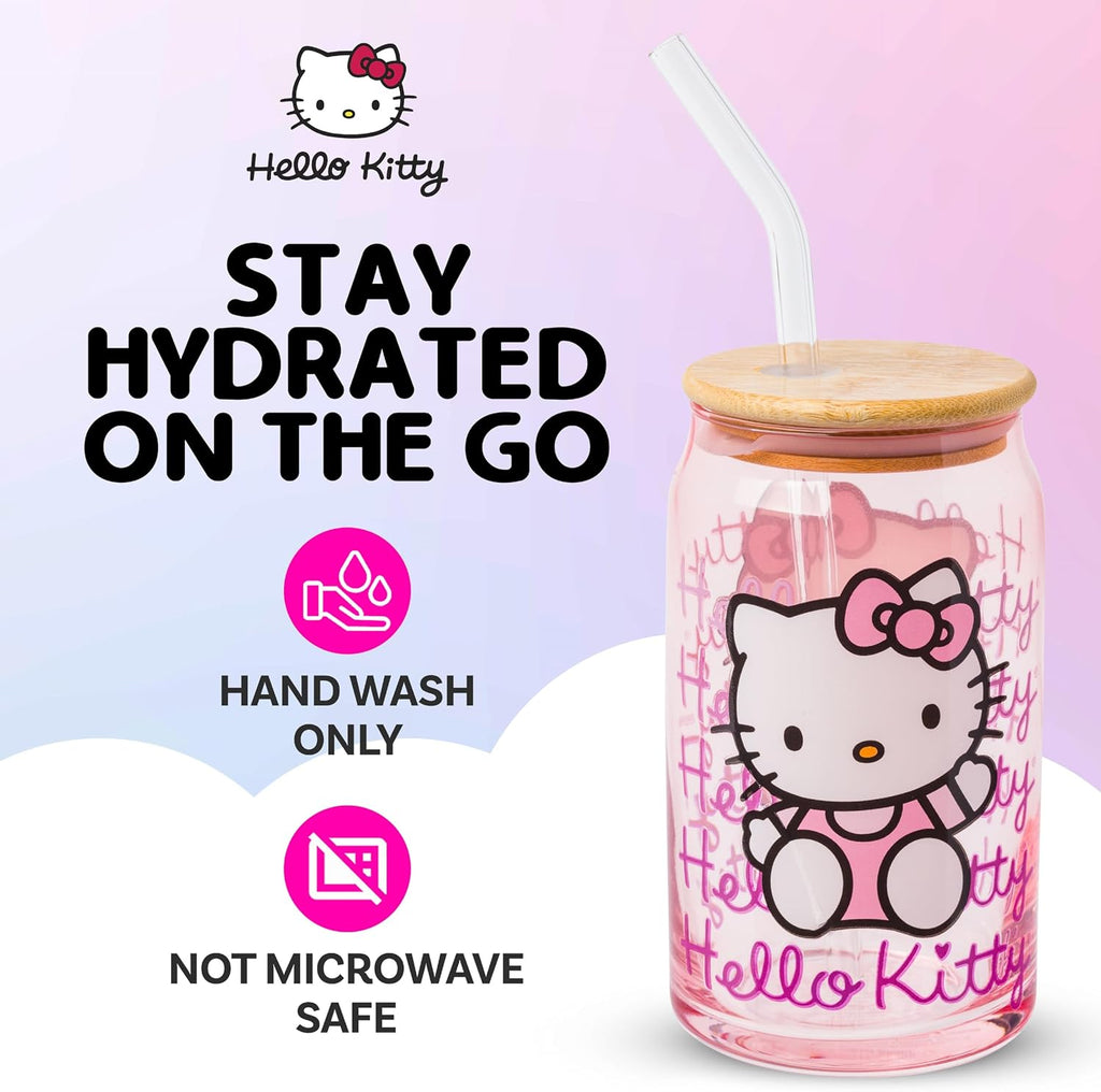 Silver Buffalo Sanrio Hello Kitty Waving Design Print, Glass Tumbler, 16oz