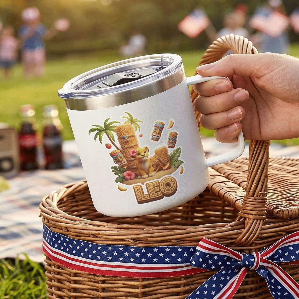 Leo Personalized Kids Mug with Lid, 10 oz Stainless Steel Insulated Camp Cup, Cartoon Lion Tropical Tiki Theme