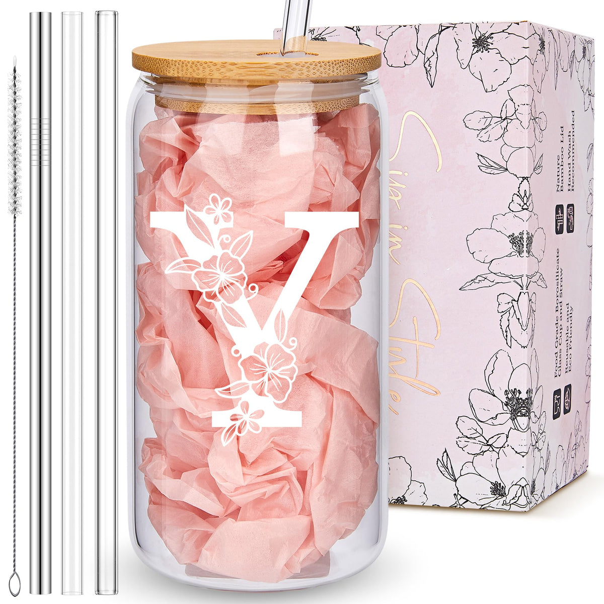 Personalized Tumbler, Monogrammed Can Glass Cups with Bamboo Lids and Straws, Customized Gifts for Women, Cute Design Initial Iced Coffee glasses, Custom Letter Mug, Birthday Bridesmaid, L