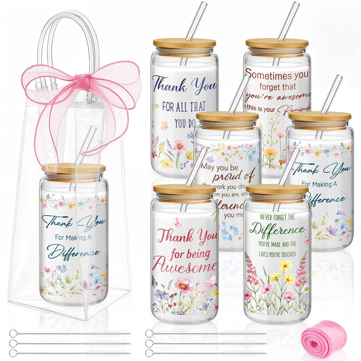 Mumufy 6 Sets Wildflower Cute Glass Cups with Lids and Straws Bulk, 16 Oz