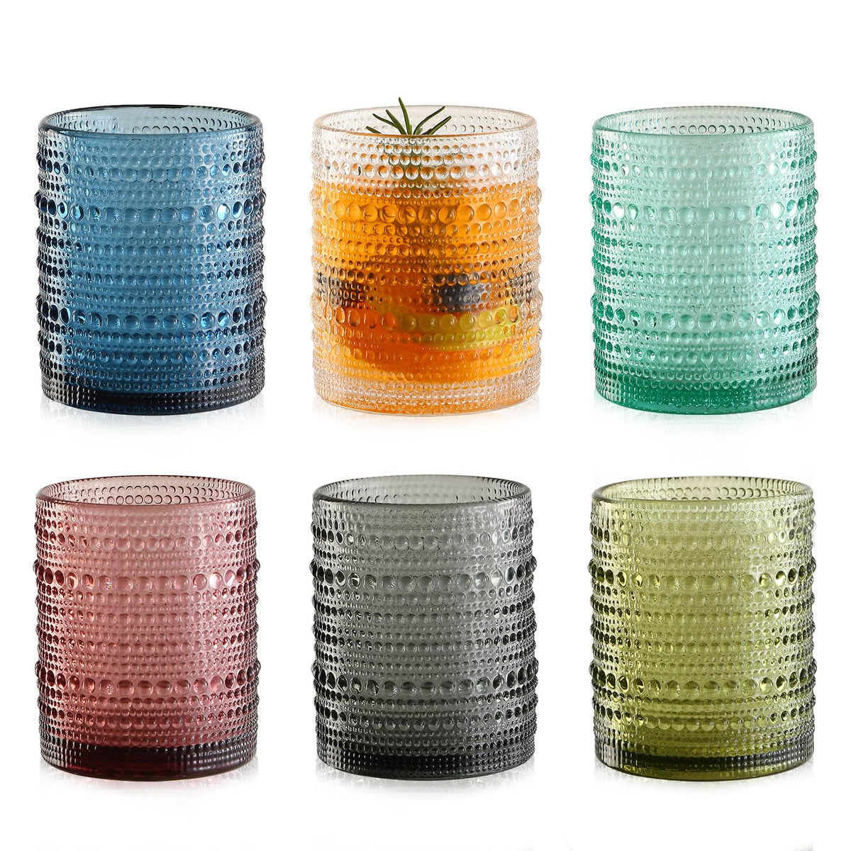 KMIGRUAN Hobnail Drinking Glasses with Straws 15oz Vintage Glassware Set of 6 Embossed Vintage Water Cups, Highball Glasses for Cocktail,Whiskey,Beer and Juic