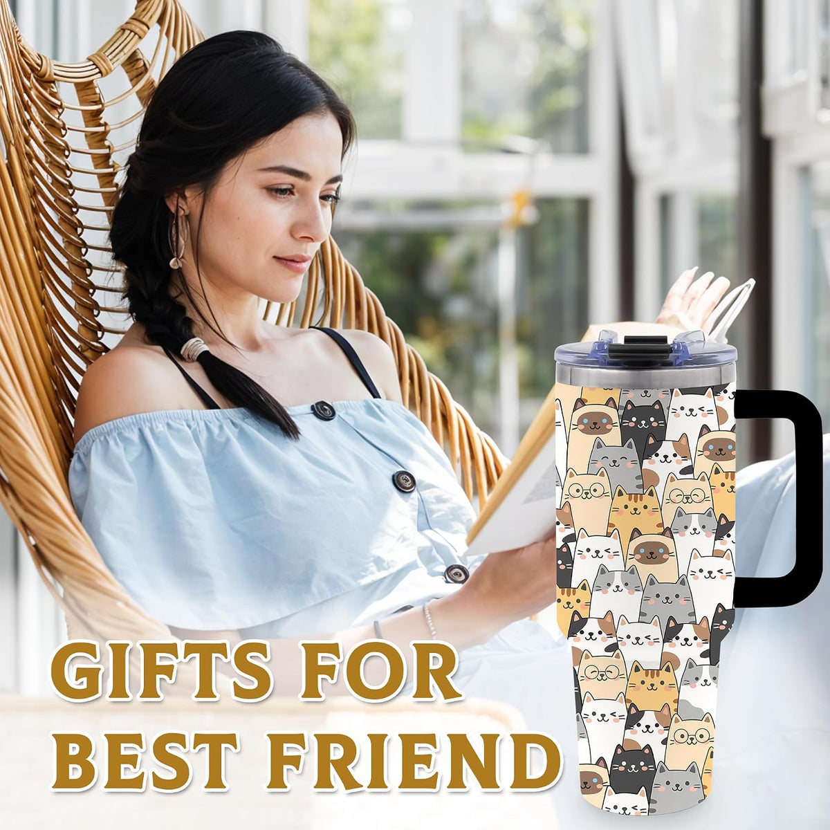 40oz Cats Tumbler Gifts for Women, Cute Cat Water Bottle with Handle & Straw
