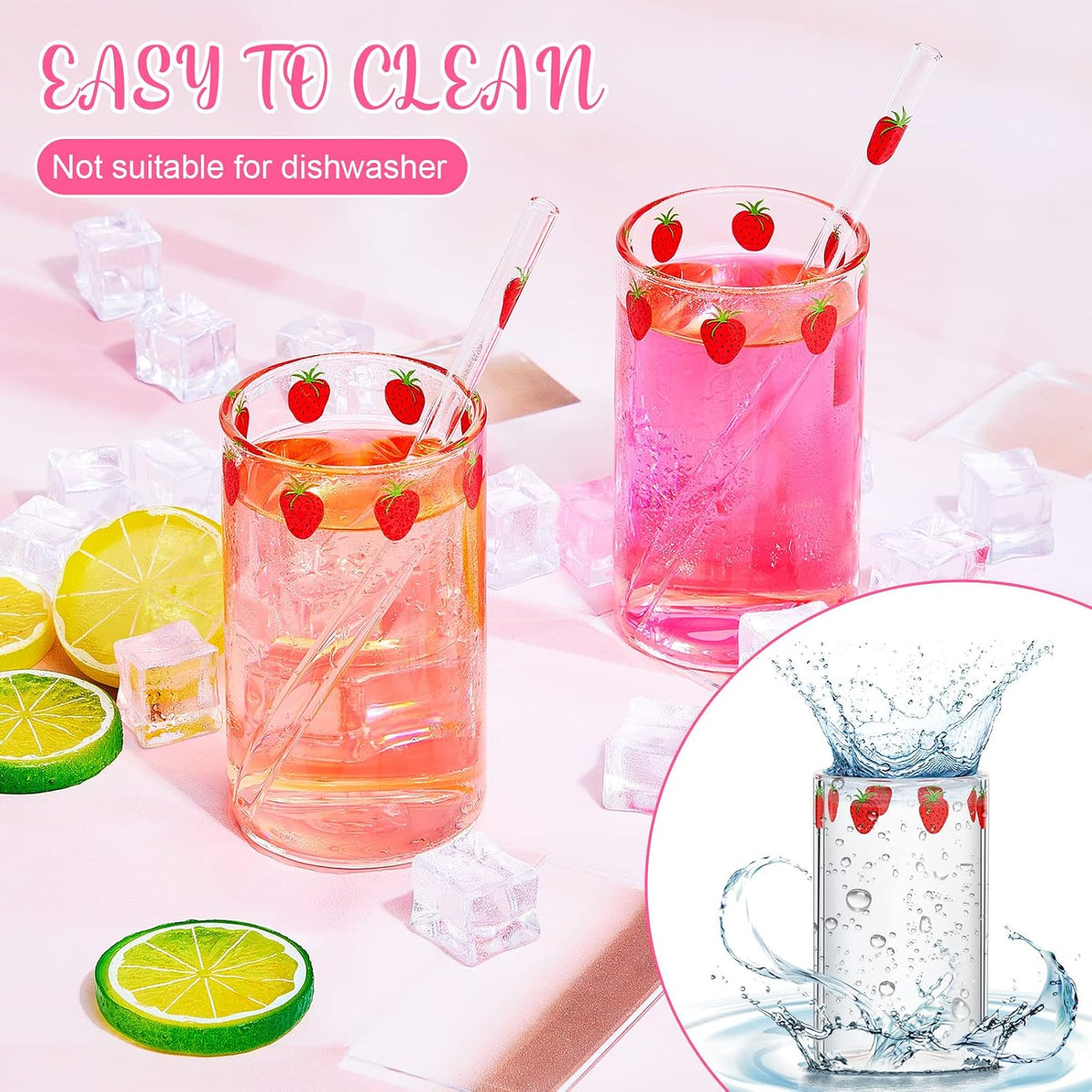 Tessco for you 2 Set Strawberry Glass Cup with Straw Clear Drinking Tumbler