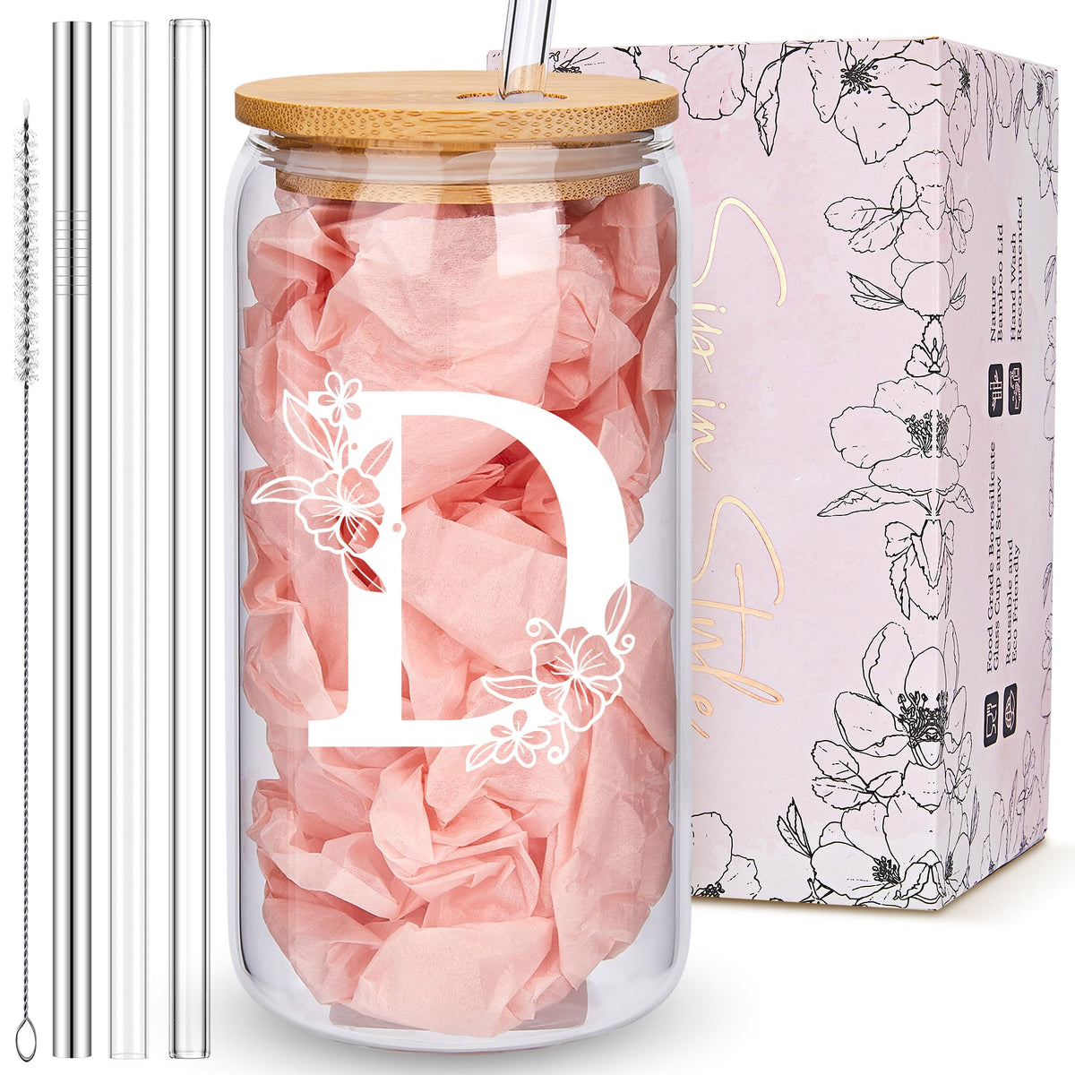 Personalized Tumbler, Monogrammed Can Glass Cups with Bamboo Lids and Straws, Customized Gifts for Women, Cute Design Initial Iced Coffee glasses, Custom Letter Mug, Birthday Bridesmaid, L