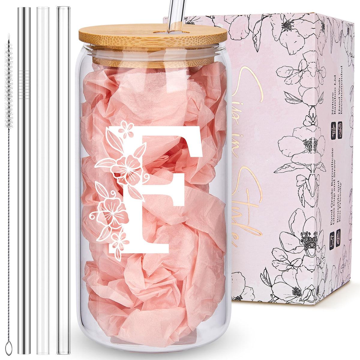 Personalized Tumbler, Monogrammed Can Glass Cups with Bamboo Lids and Straws, Customized Gifts for Women, Cute Design Initial Iced Coffee glasses, Custom Letter Mug, Birthday Bridesmaid, L