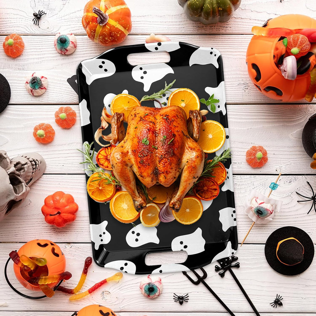JarThenaAMCS 4 Pcs Halloween Ghost Serving Tray Black White Cute Ghost Handled Melamine Board Trick or Treat Serving Platter for Home Party Food Supplies
