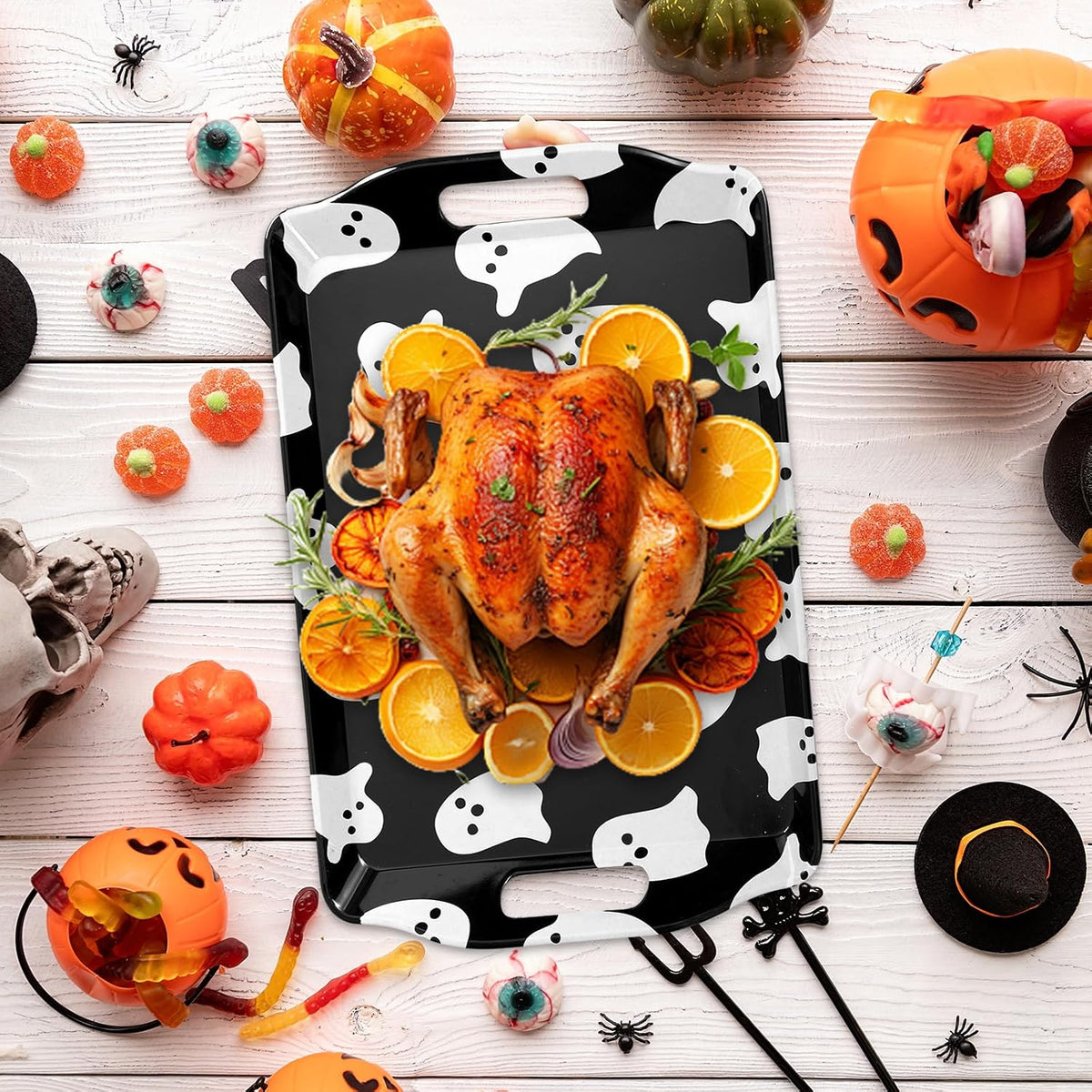 JarThenaAMCS 4 Pcs Halloween Ghost Serving Tray Black White Cute Ghost Handled Melamine Board Trick or Treat Serving Platter for Home Party Food Supplies