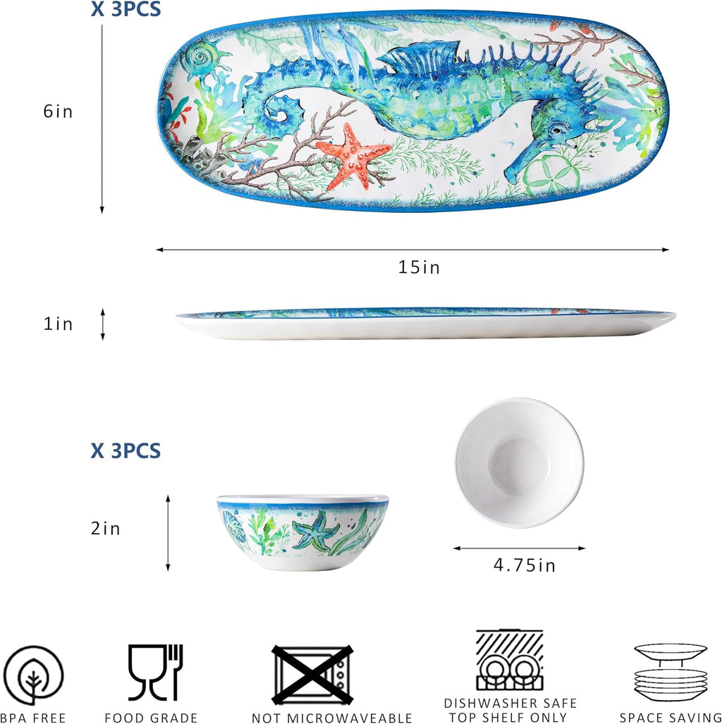 LEHAHA Coastal Chip and Dip Serving platter Set, Set of 3, Melamine Bowl and Tray Gift Set,Serving Dishes for Entertaining, Small Serving Bowls for Side Dishes, Salsa, Appetizers, Condiments.