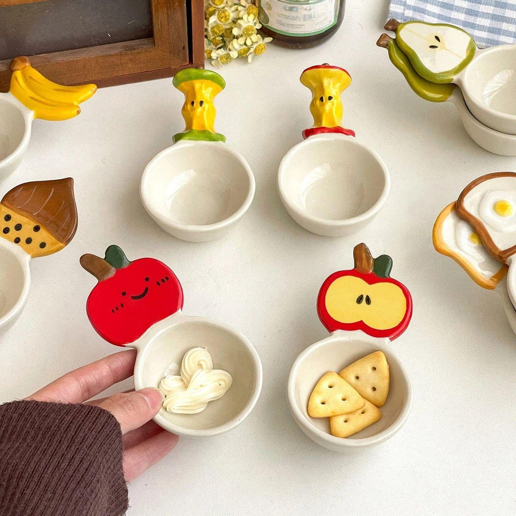 Cartoon Ceramic Dipping Sauce Plate Set, Hand-Painted Small Dish with Handle for Condiments, Soy Sauce, Salad, Chili Oil, Cute Serving Bowl for Sushi, Hot Pot, Dessert, Kitchen Gift (Style 1)