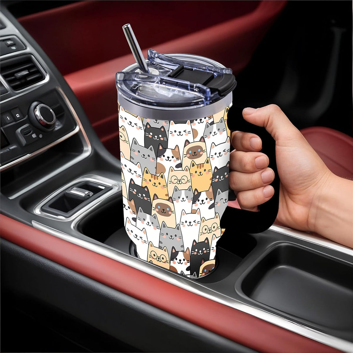 40oz Cats Tumbler Gifts for Women, Cute Cat Water Bottle with Handle & Straw