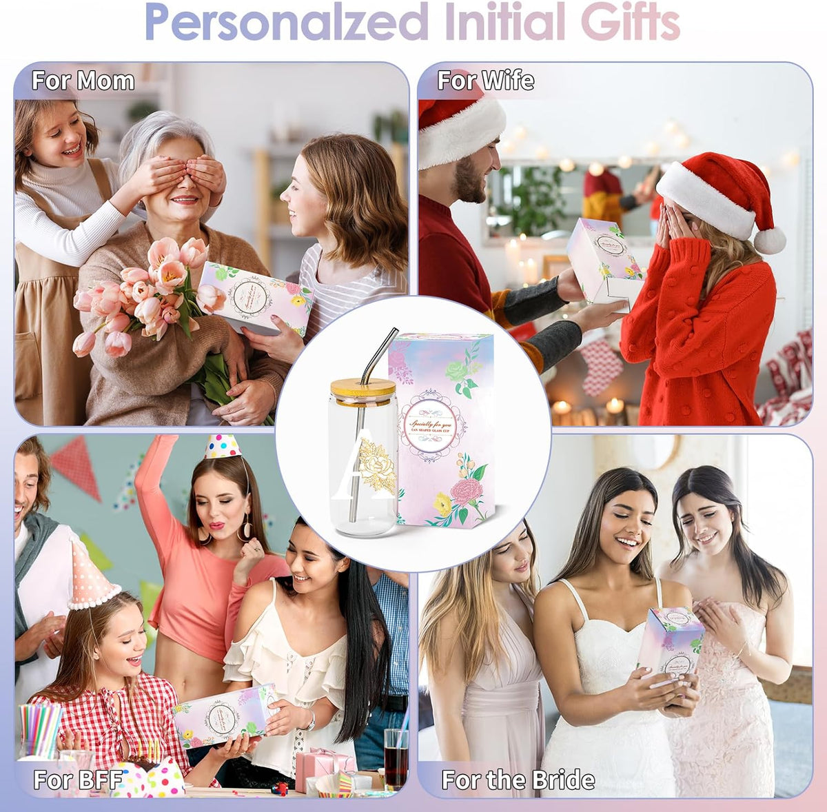 16 Oz Initial Glass Cup with Lid and Straw Personalized Color-Changing