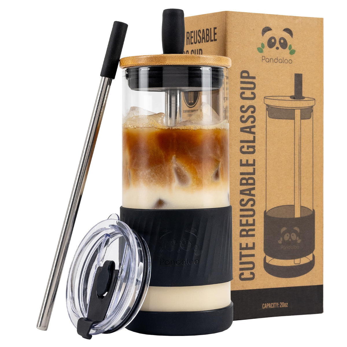 Pandaloo® Glass Cups With Lids and Straws -20 Fl Oz- Perfect Size Iced Coffee Cup - Smoothie Cup With Bamboo Lid and On the go Lid - Glass Tumbler With Straw (1 Count (Pack of 1), Tender Pink)