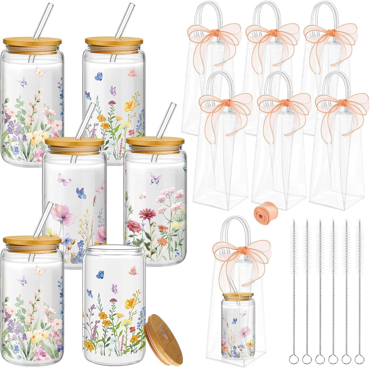 Mumufy 6 Sets Wildflower Cute Glass Cups with Lids and Straws Bulk, 16 Oz