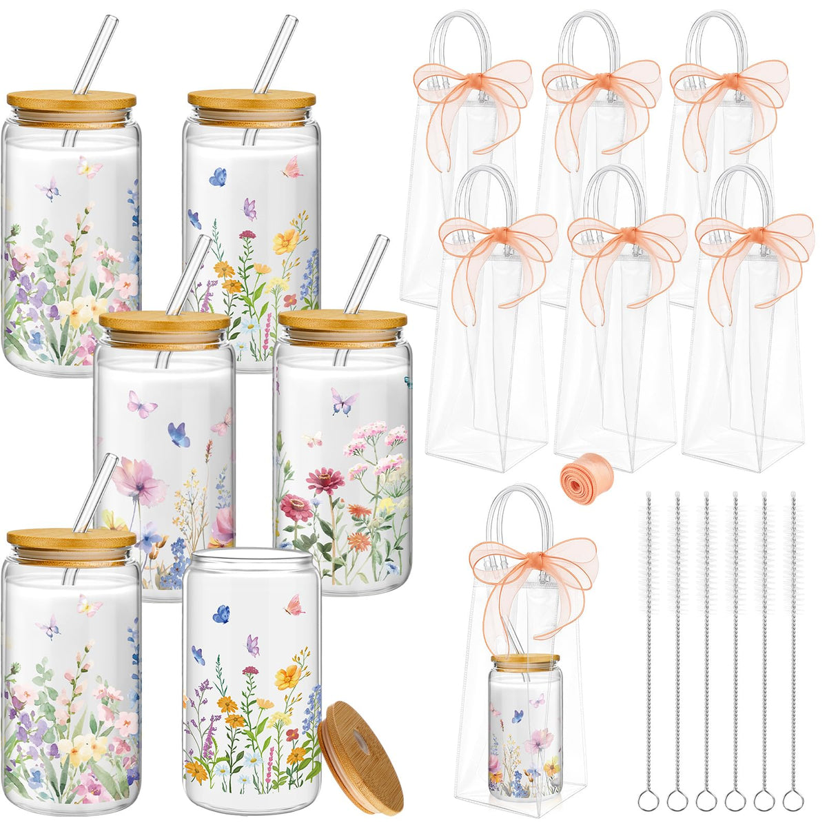 Mumufy 6 Sets Wildflower Cute Glass Cups with Lids and Straws Bulk, 16 Oz