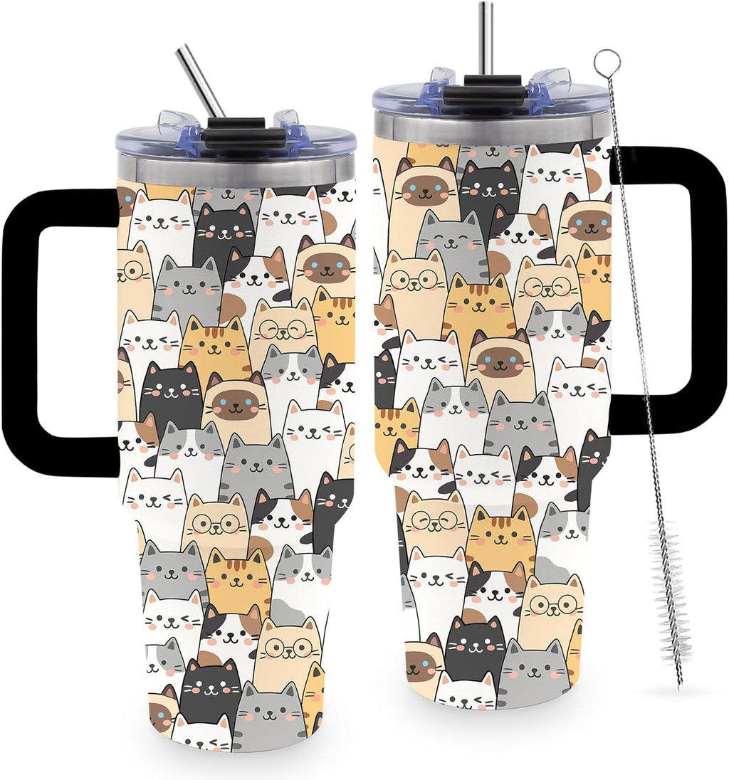 40oz Cats Tumbler Gifts for Women, Cute Cat Water Bottle with Handle & Straw