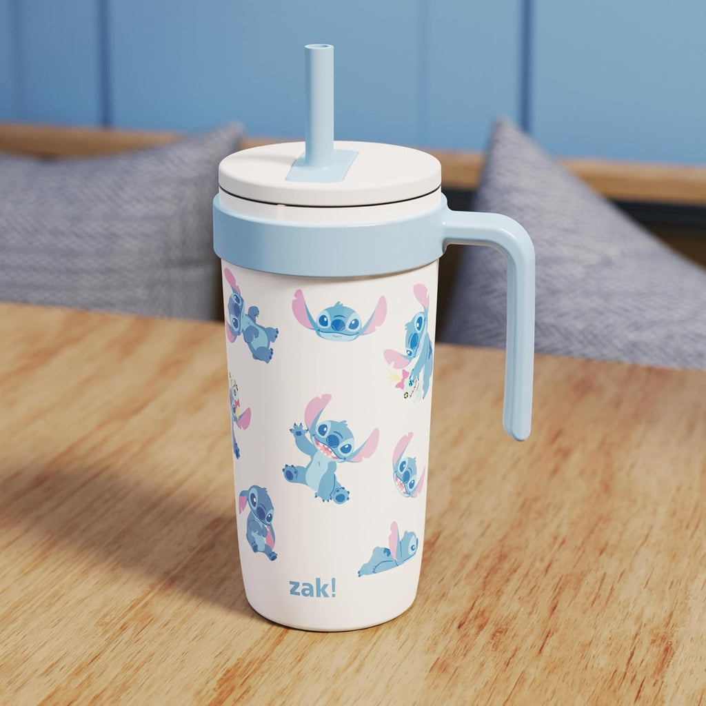 Zak Designs Disney Lilo & Stitch Fairway Travel Tumbler for On the Go or At Home, 18oz Stainless Steel with Vacuum Insulation, Spillproof Silicone Straw, and Carry Handle for Cold Drinks (Stitch)