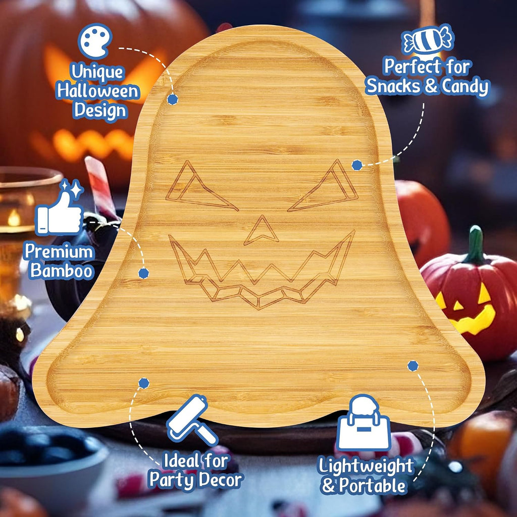 TJ POP Ghost Serving Tray - Spooky Ghost Shaped Bamboo Serving Platter, Festive Wooden Charcuterie Board, Snack Cheese Dish Plate for Candy, Treats, Drinks & Holiday Party Decor (10" x 9")