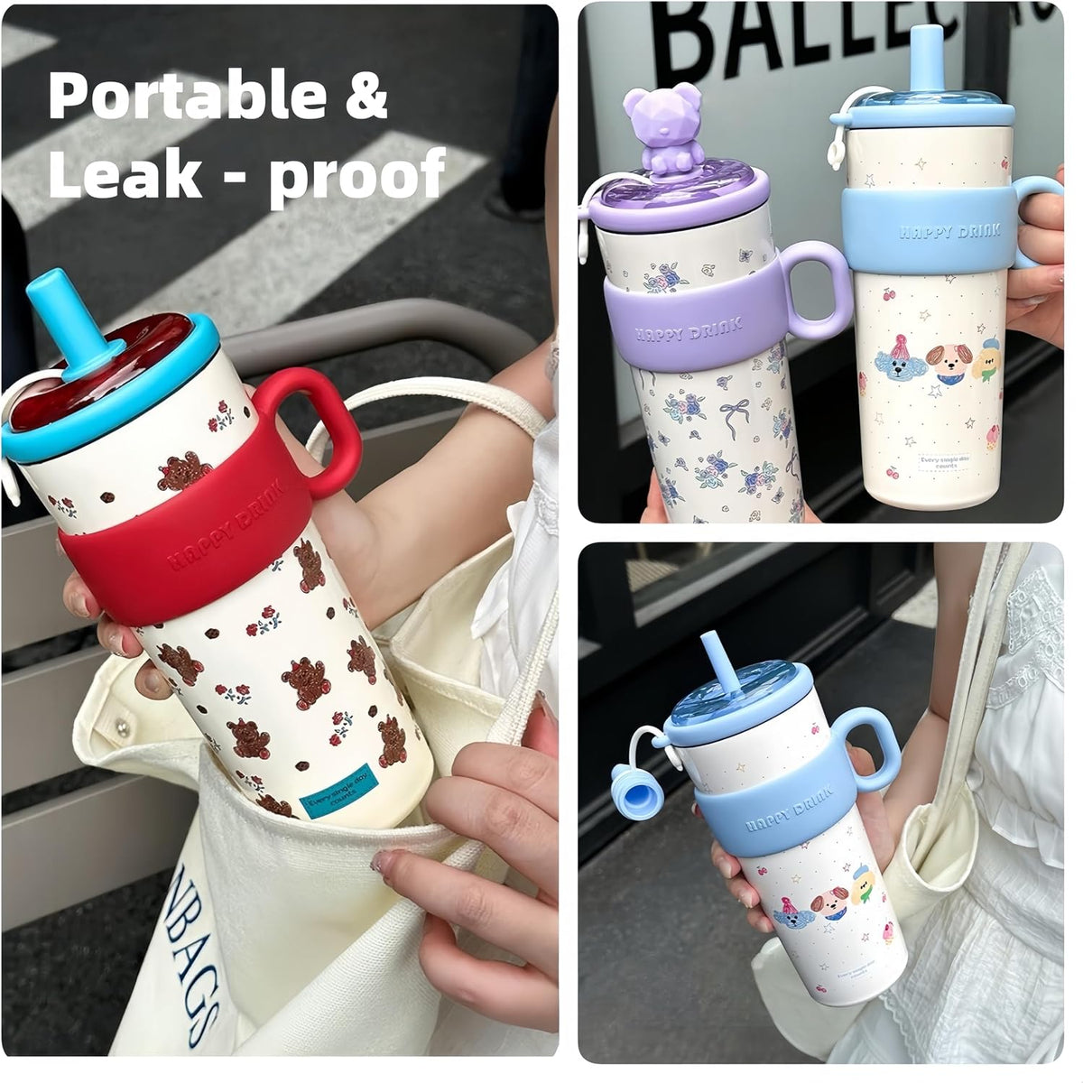 21oz Cute Bear Car Cup with Straw & Cap, Leak-Proof Portable Mug with Tea Strainer, Insulated for Hot/Cold - Ideal for Car, Office, Outdoor (Purple)