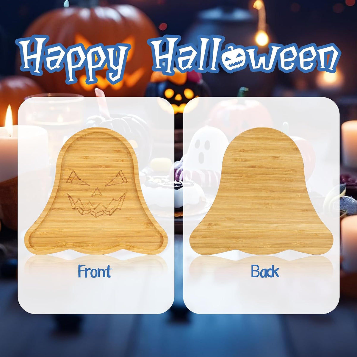 TJ POP Ghost Serving Tray - Spooky Ghost Shaped Bamboo Serving Platter, Festive Wooden Charcuterie Board, Snack Cheese Dish Plate for Candy, Treats, Drinks & Holiday Party Decor (10" x 9")