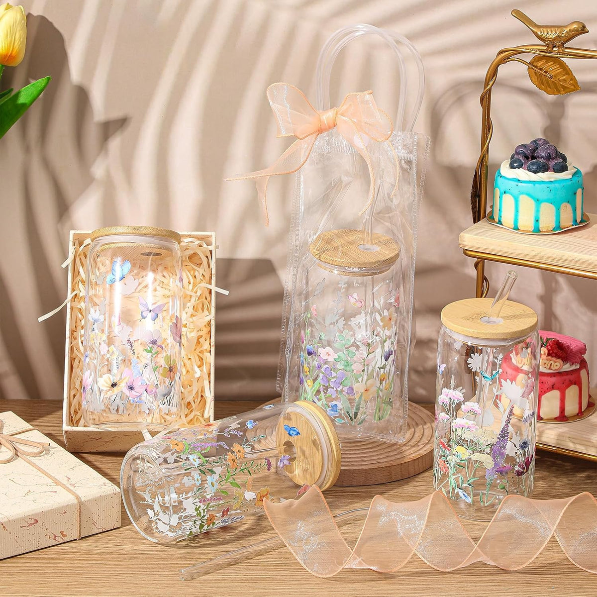 Mumufy 6 Sets Wildflower Cute Glass Cups with Lids and Straws Bulk, 16 Oz
