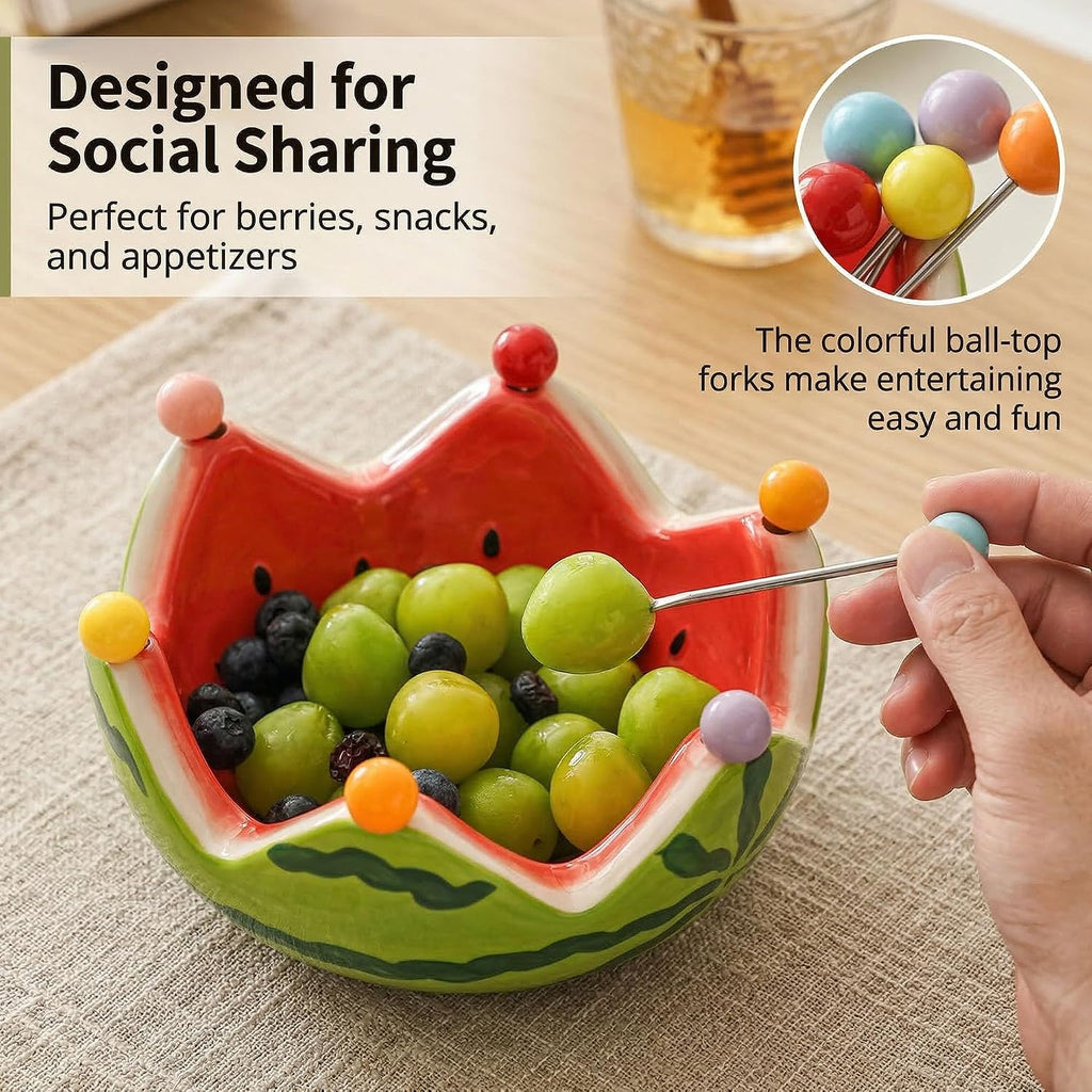 Watermelon-Shaped Ceramic Fruit Bowl with 6 Stainless Steel Forks
