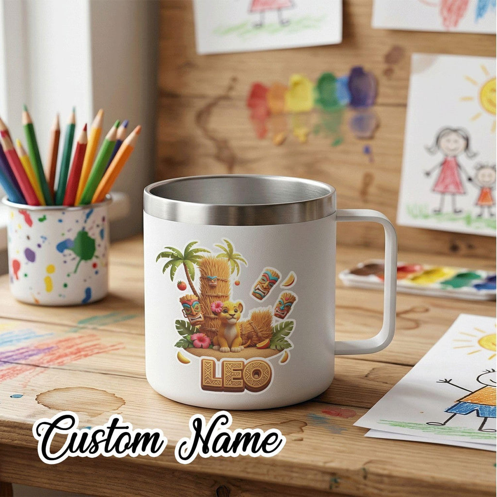 Leo Personalized Kids Mug with Lid, 10 oz Stainless Steel Insulated Camp Cup, Cartoon Lion Tropical Tiki Theme