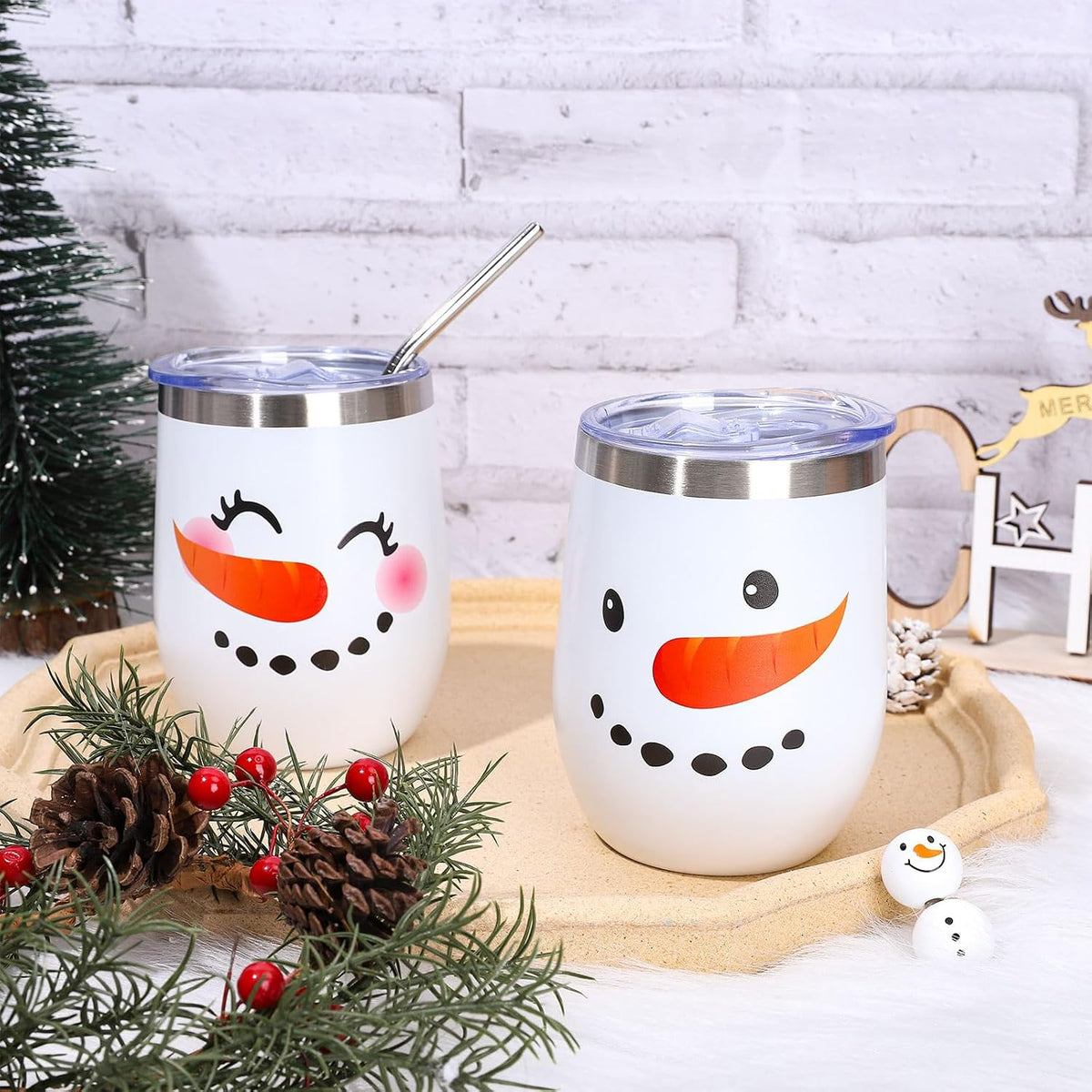 Whaline 2 Pcs Christmas Stainless Steel Wine Tumbler 12 oz Xmas Winter Snowman Insulated Coffee Cups Tumbler Mug with Lid and Straw for Women Girlfriend Besties Wife Lover Spouse Gifts