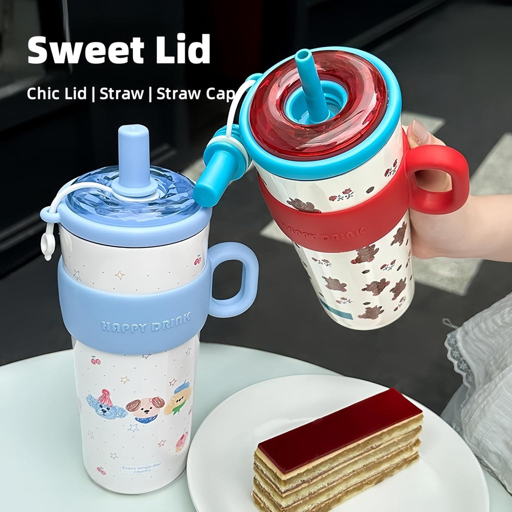 21oz Cute Bear Car Cup with Straw & Cap, Leak-Proof Portable Mug with Tea Strainer, Insulated for Hot/Cold - Ideal for Car, Office, Outdoor (Purple)